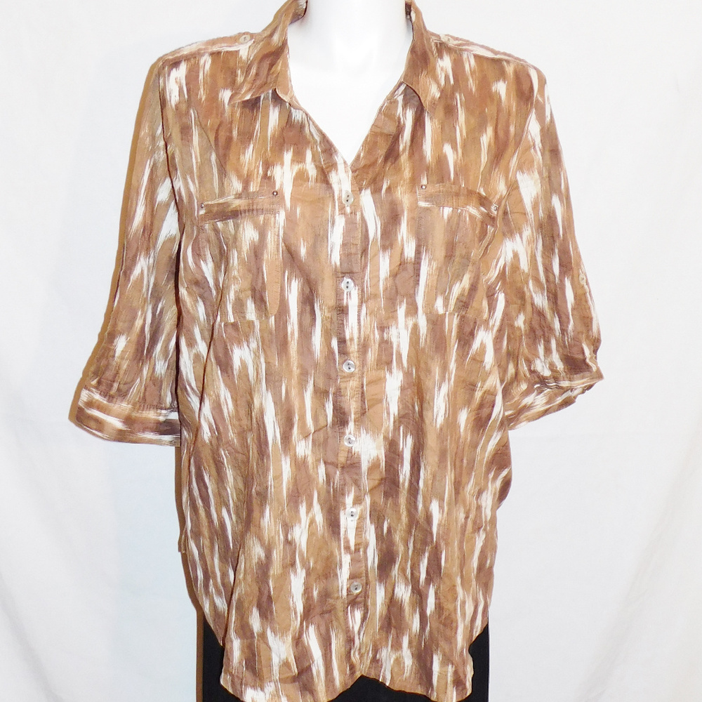 2X Catherines Brown Beige Pattern Buttoned Top EUC
